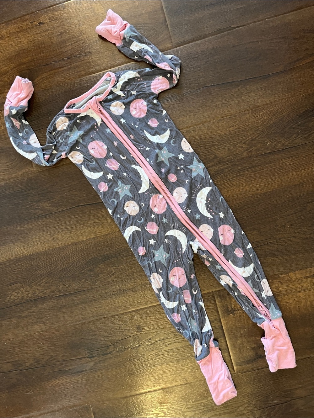 Little Sleepies Gray and Pink Moon & Planet Footie One-Piece